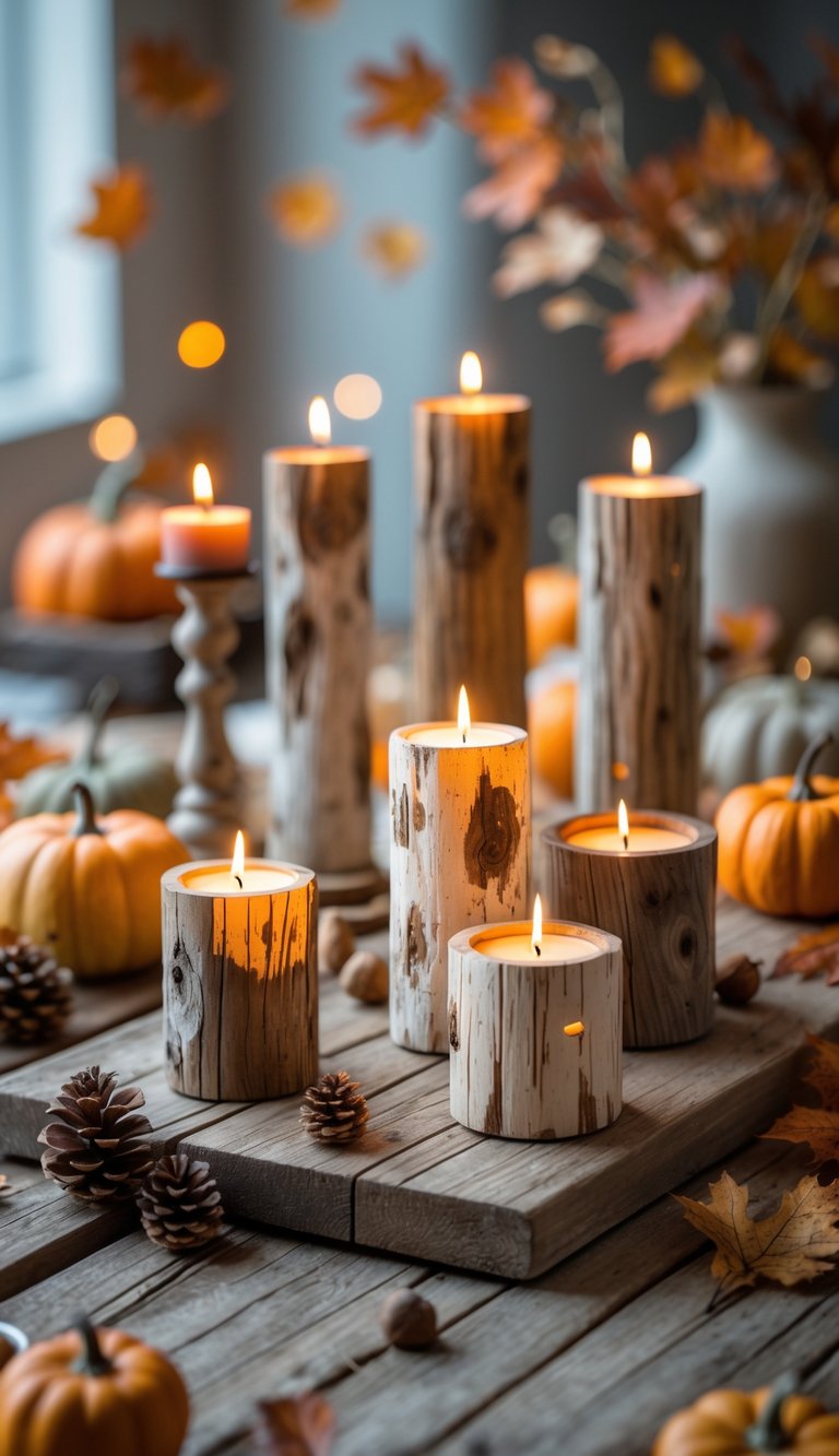 A collection of distressed wood candle holders with lit candles arranged on a rustic table surrounded by small pumpkins, dried leaves, and pinecones.